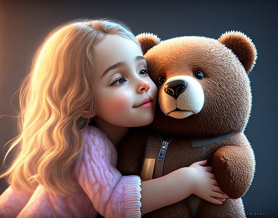 Blonde Girl Hugs Large Teddy Bear in Warm Lighting