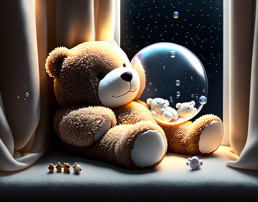 Plush Teddy Bear Night Scene with Bubble and Miniature Bears