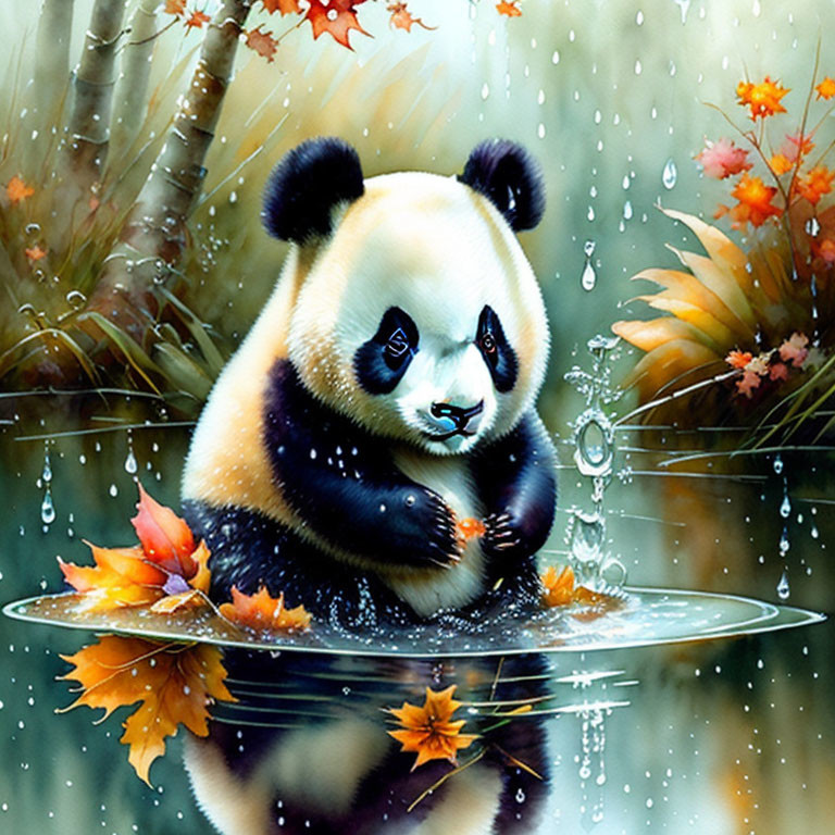 Colorful Panda Sitting Amongst Water and Falling Leaves Illustration