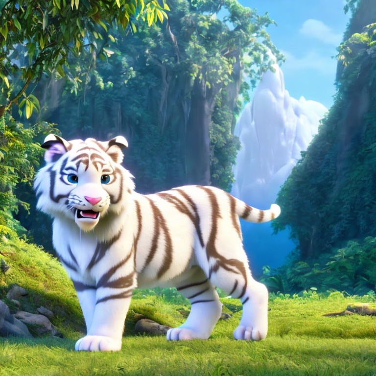 Majestic white tiger in lush forest with waterfall