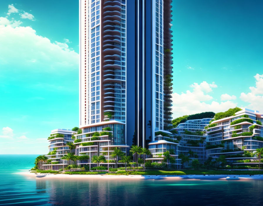 Waterfront skyscrapers with balconies in lush greenery by calm ocean