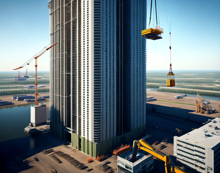 Skyscraper under construction near water with cranes - Clear sky background