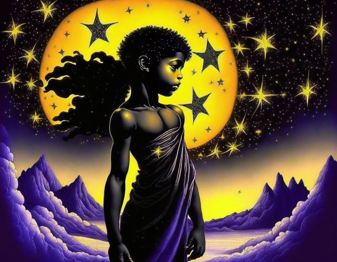 Stylized image of girl in purple dress under starry sky and yellow moon.