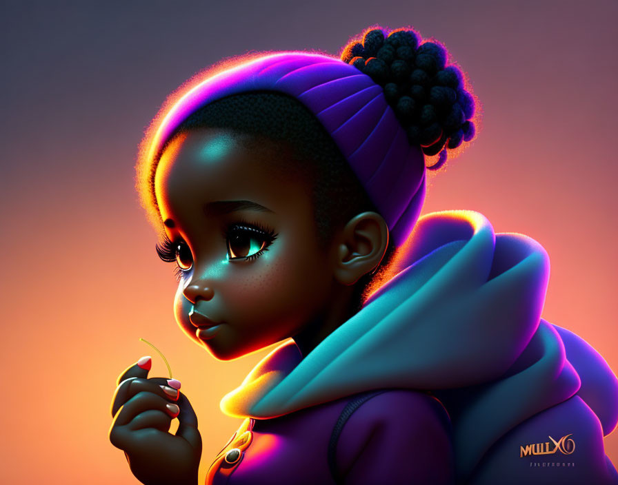 Digital illustration of young girl in purple hat and coat with expressive eyes in moody setting