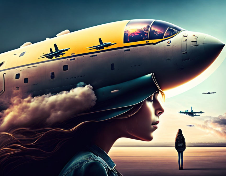 Woman's face merges with airplane in aviation-themed art piece