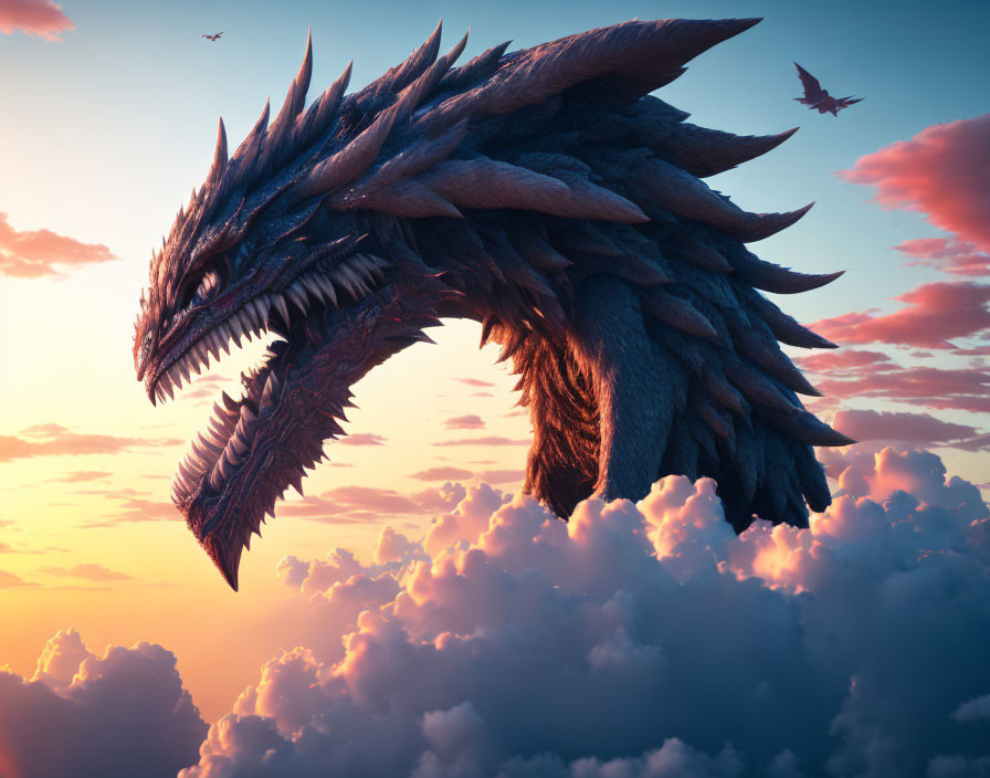 Dragon flying through sunset sky with other dragons in the distance