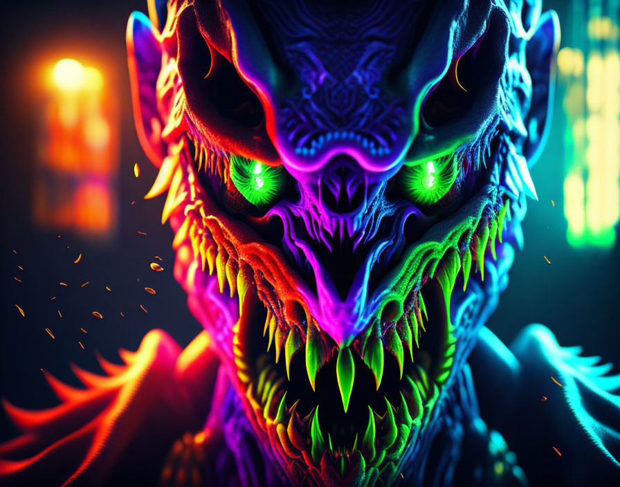 Colorful Monster Dragon Head Art with Neon Eyes and Pink/Blue Highlights