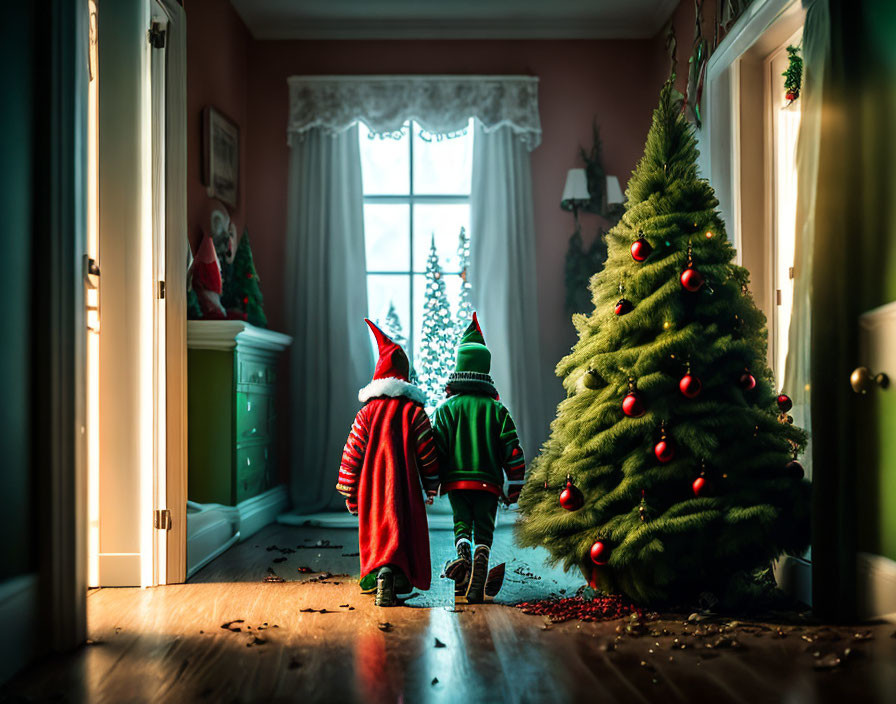 Children in elf costumes by Christmas tree in sunlight