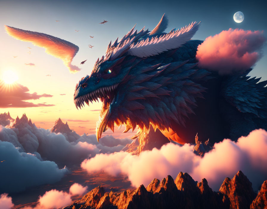 Blue-scaled dragon flying over mountain peaks at sunset