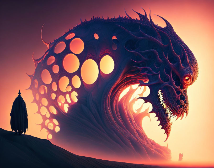 Silhouetted figure confronts giant dragon in colorful sky