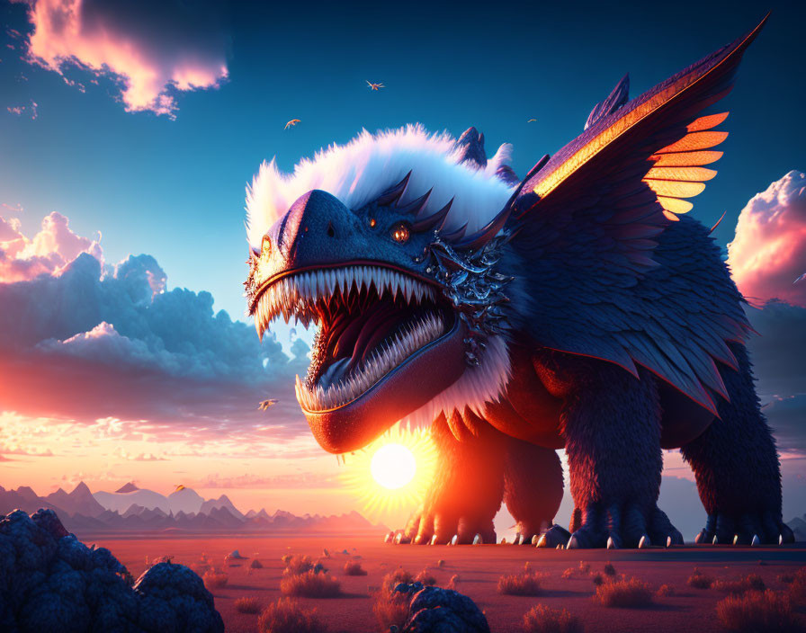 Majestic dragon with large wings in vivid sunset landscape