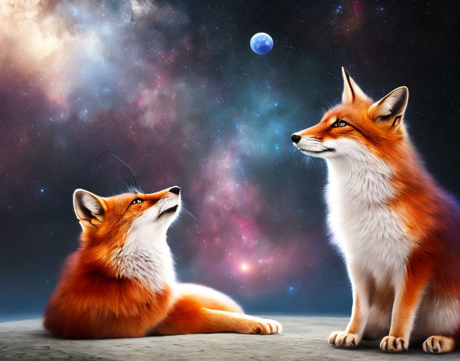 Vividly colored foxes under cosmic sky with stars and moon