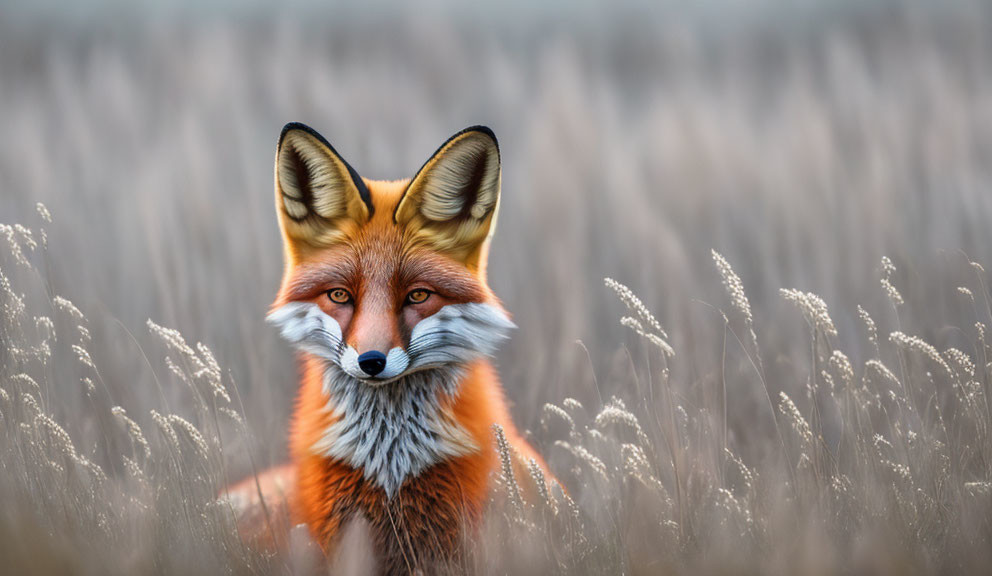 Alert red fox in dry grass field with intense gaze.