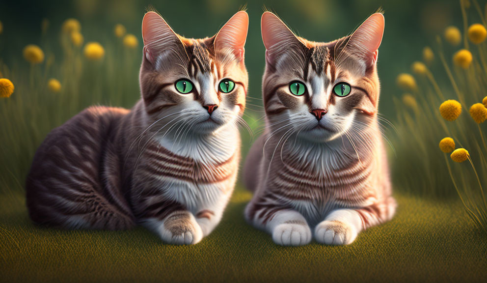 Two striped cats with vivid green eyes in a field with yellow flowers
