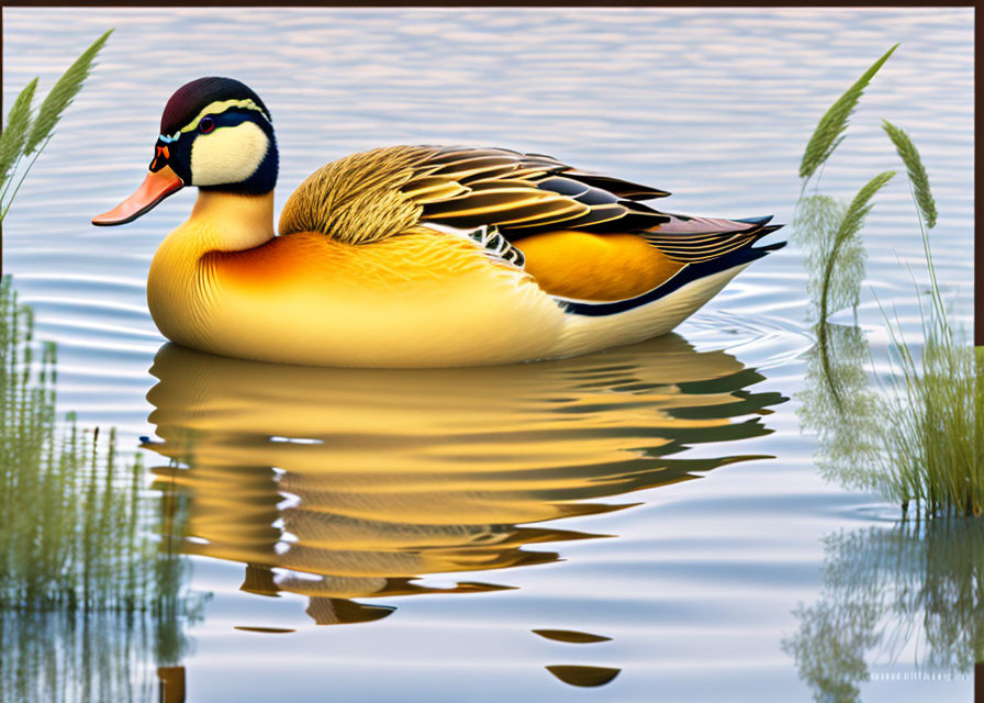 Colorful Duck Floating on Calm Water with Green Reeds