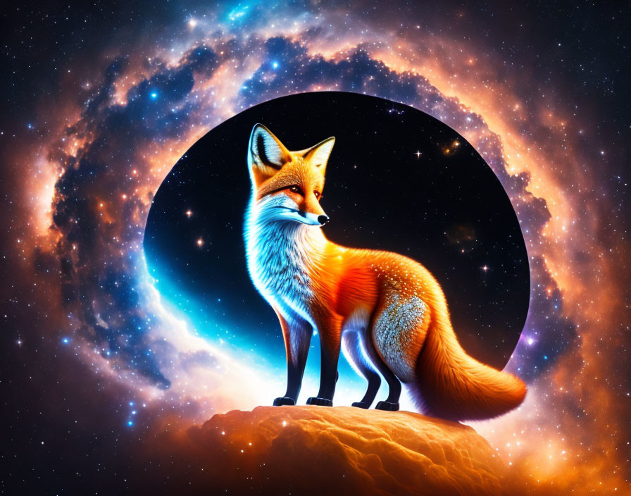 Colorful Fox on Rock with Cosmic Starry Sky and Galaxy Background