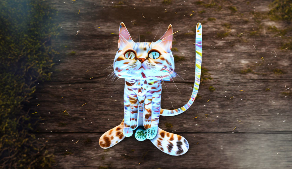 Colorful Digital Cat Sitting on Wooden Surface with Firefly-Like Lights