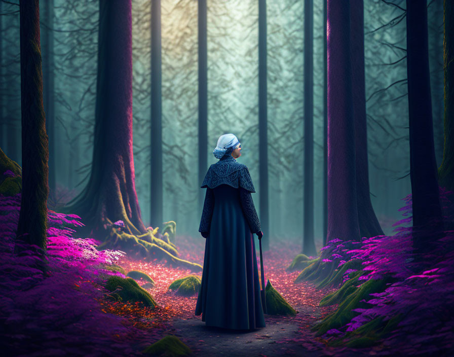 Vintage-clad woman in mystical forest with tall trees and purple foliage.