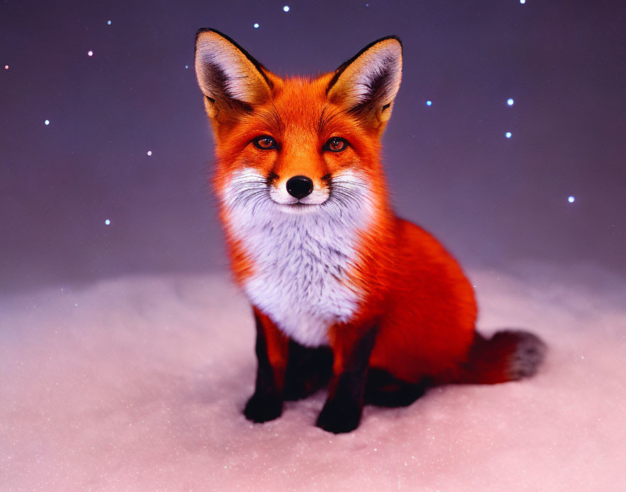 Red Fox Sitting on Snowy Ground Against Purple Background