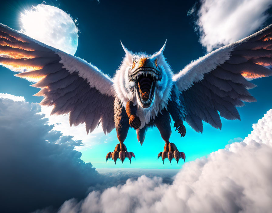 Digital artwork of roaring mythical creature with eagle wings flying above clouds under blue sky with moon