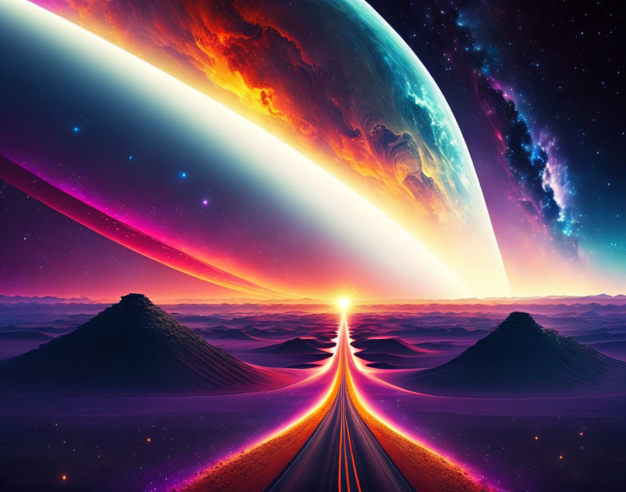 Futuristic sci-fi landscape with twin pyramids, sunset horizon, and cosmic view