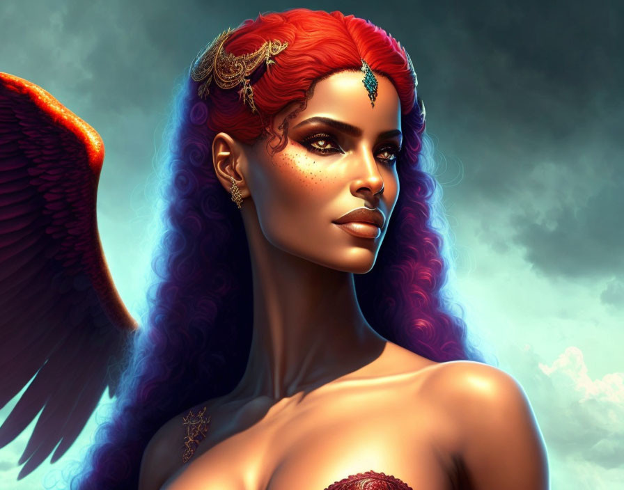 Digital artwork featuring woman with red hair, jeweled headpiece, and orange wing.