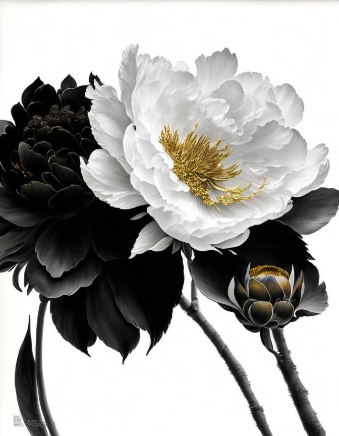 Vibrant peony illustration with white and black flowers on white background