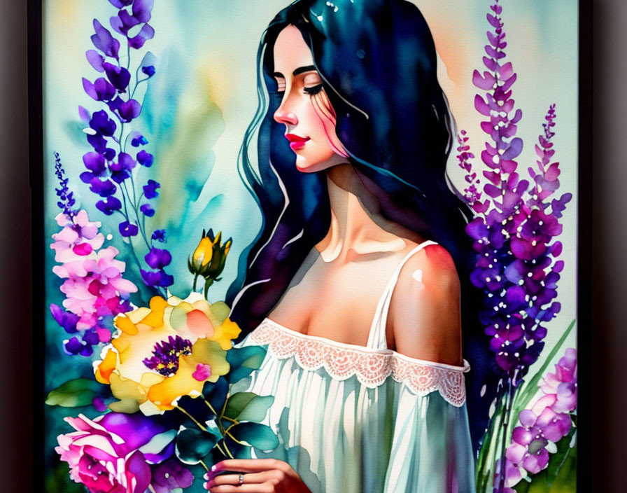 Vibrant watercolor painting of a woman with dark hair holding a flower