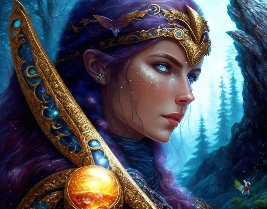 Fantasy illustration of woman with violet hair, golden crown, armor, holding jeweled staff in mystical