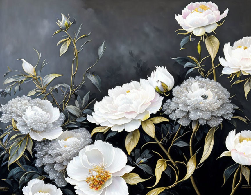 White and Off-White Peonies on Dark Background