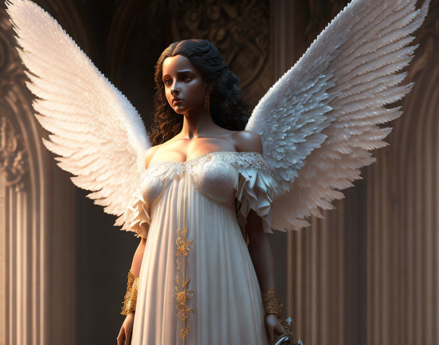 Dark-haired angel with white wings in flowing dress against ornate backdrop