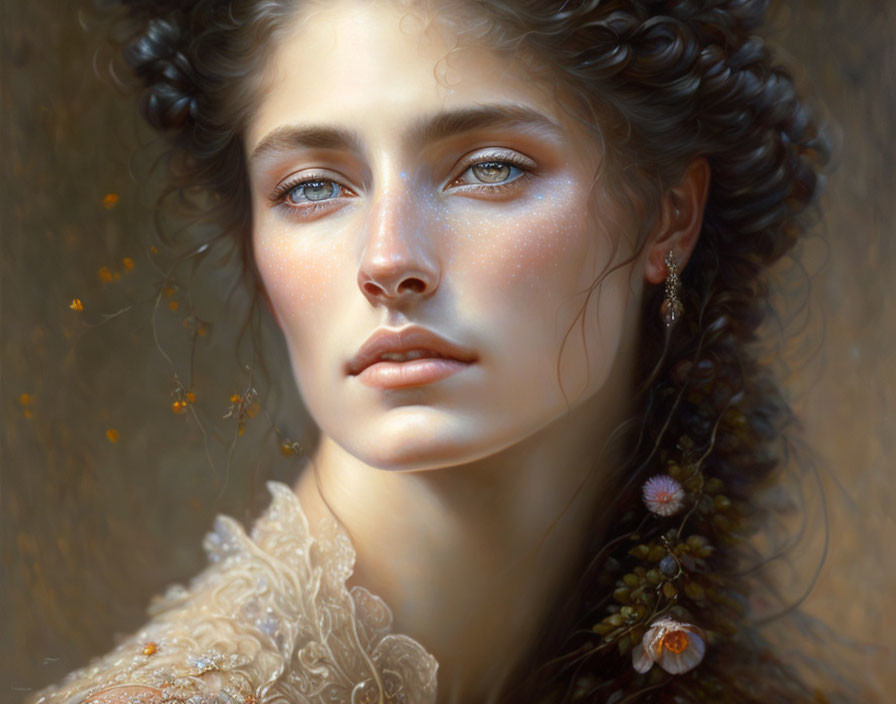 Detailed digital portrait of woman with curly hair and blue eyes, featuring subtle floral ear accent.