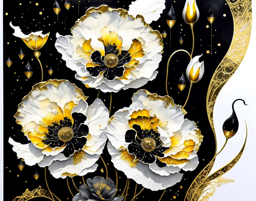 Stylized white flowers with golden edges on black background