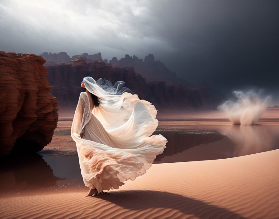 Woman in flowing dress in desert with red rock formations and dust devil under dramatic sky