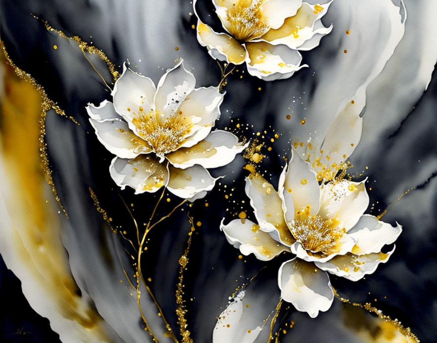 Three White Flowers with Gold Accents on Black and Grey Marbled Background