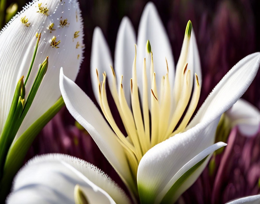 White Lily with Prominent Stamens Among Green Buds and Purple Foliage