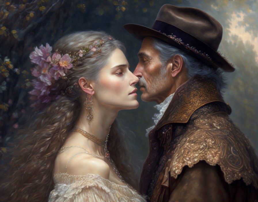 Elderly man in brown hat and ornate jacket touching foreheads with young woman in floral wre