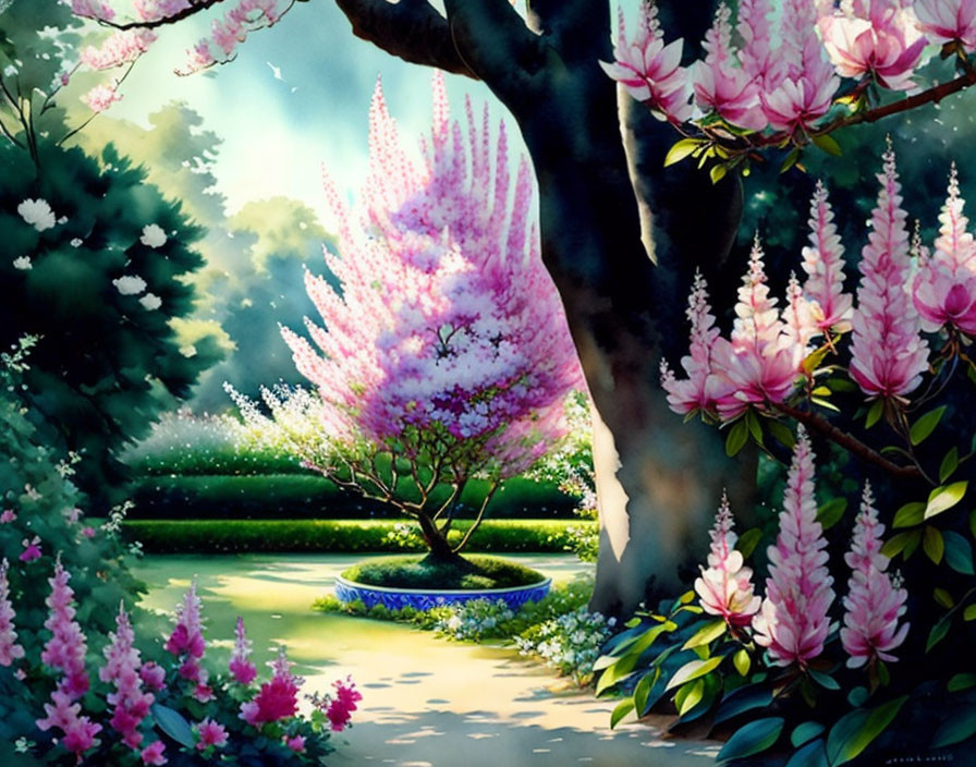 Pink and White Flowering Trees in Vibrant Garden Scene