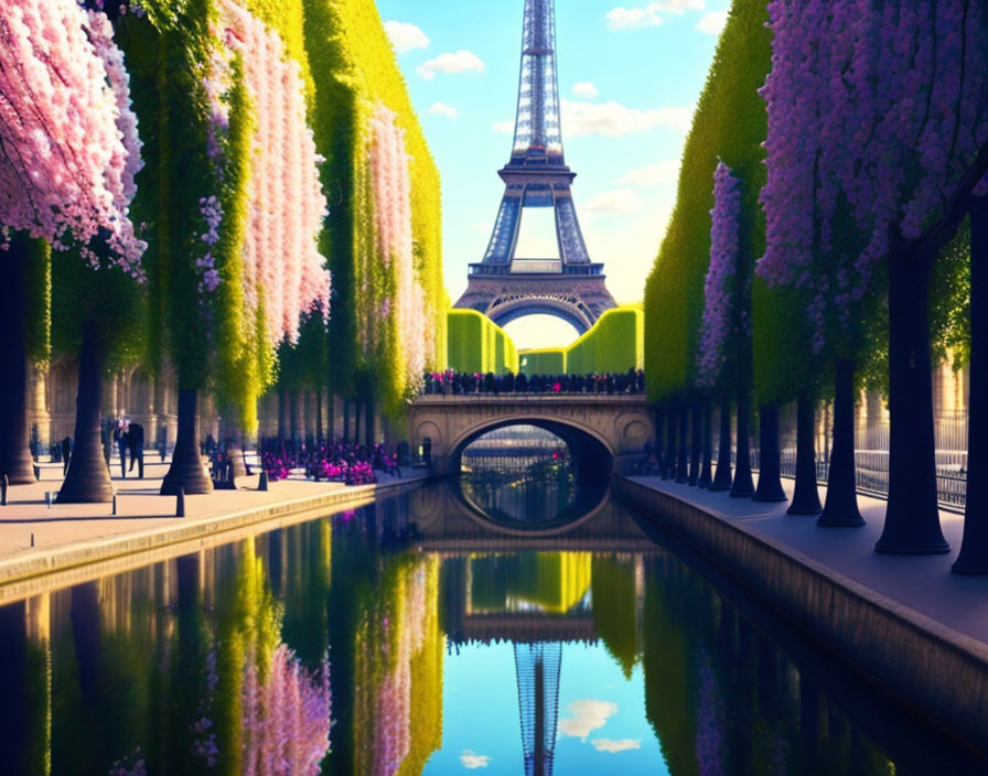 Eiffel Tower reflection in Parisian canal with people and trees