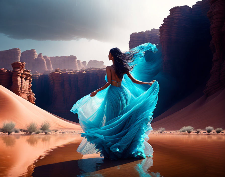 Woman in Blue Dress by Desert Waterway and Canyon Walls