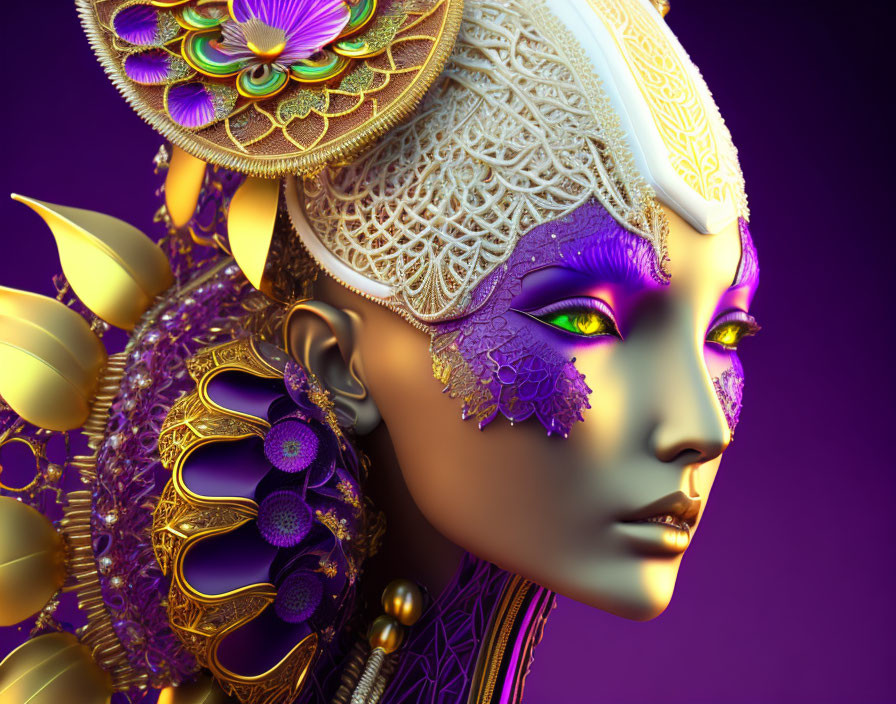 Digital Artwork: Female Figure with Golden Headdress and Purple Skin