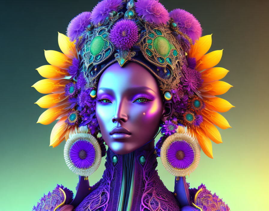 Digital artwork: Female figure with purple skin, ornate headdress, sunflowers, peacock feathers