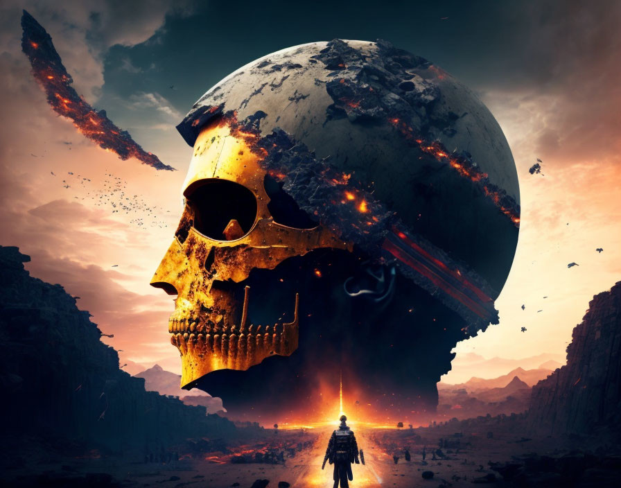 Gigantic skull with fractured planet in dystopian landscape