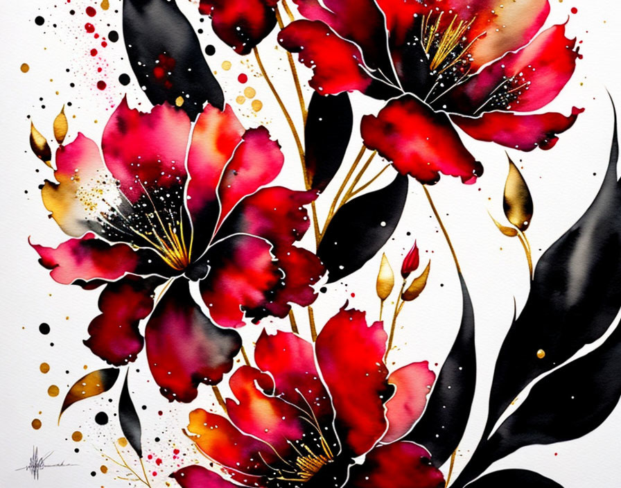 Red and Black Watercolor Flowers with Gold Accents on White Background