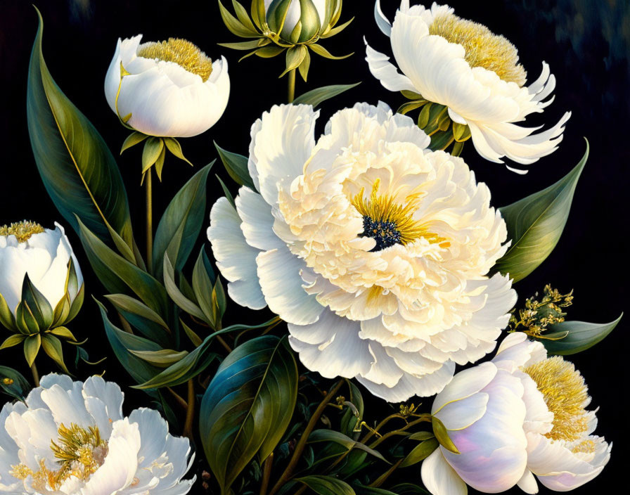 White peonies with golden centers on dark background.