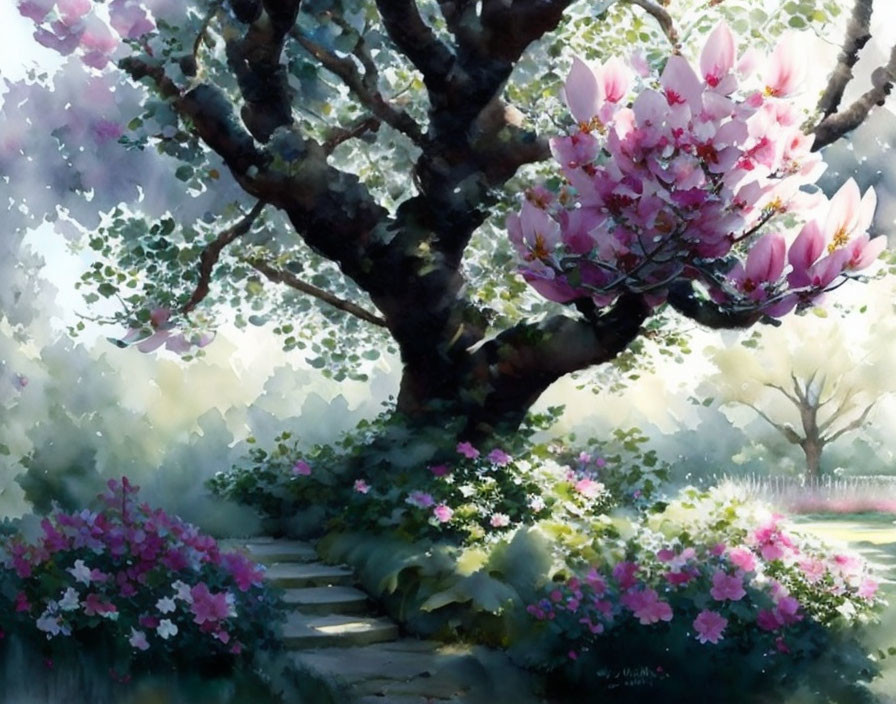 Tranquil painting of pathway under magnolia tree in misty garden