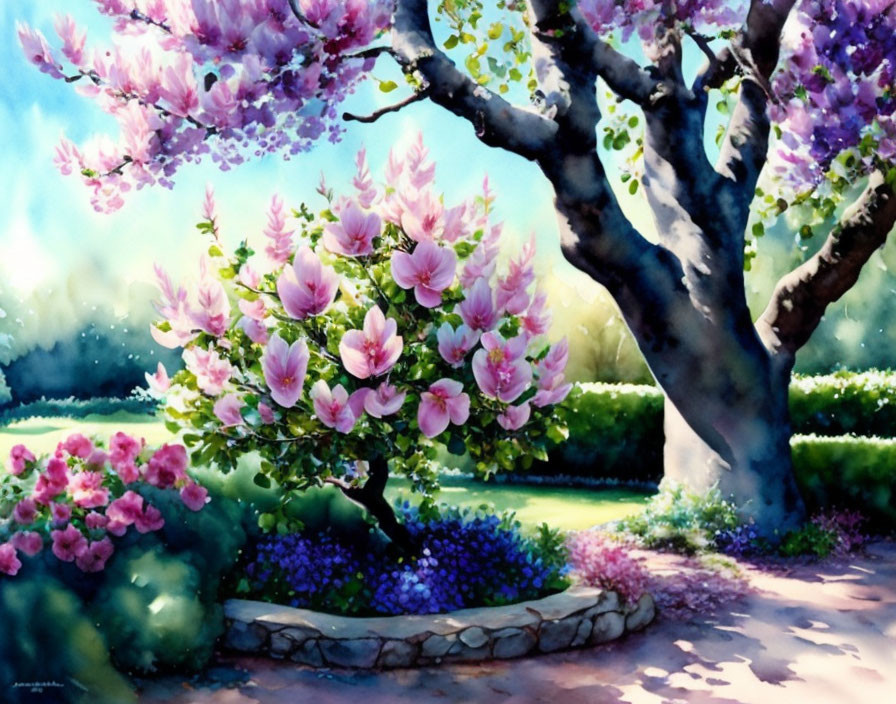 Vibrant watercolor painting of blooming magnolia tree in sunlight