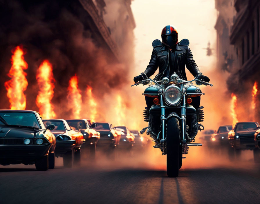 Motorcyclist in helmet rides among classic cars and flames on chaotic street