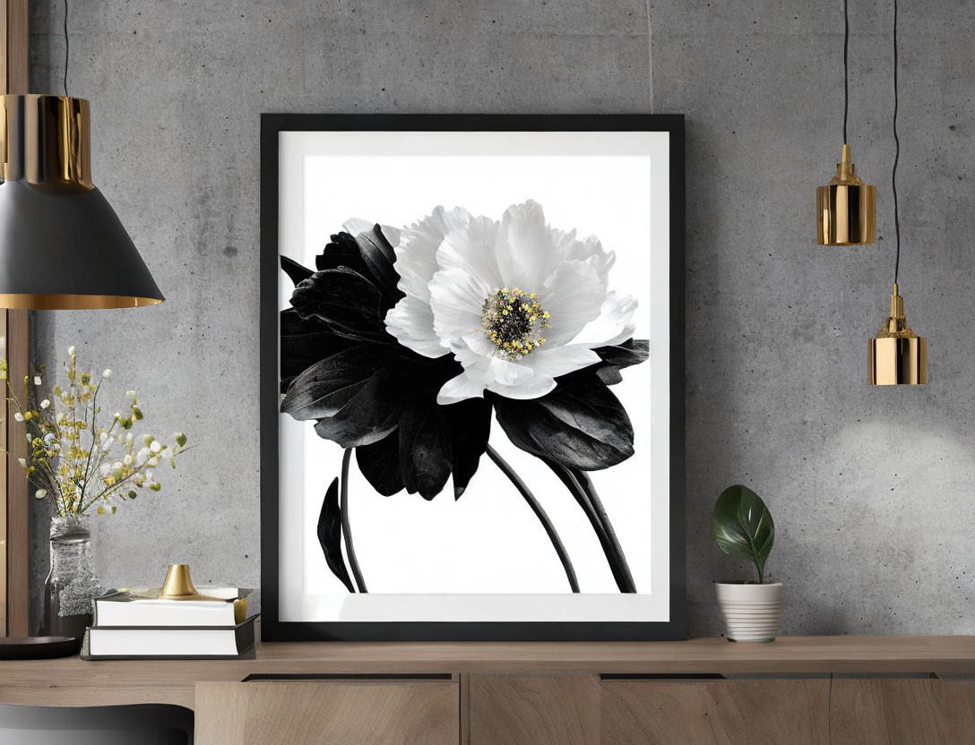 Monochrome floral painting in black frame on wall with modern interior decor