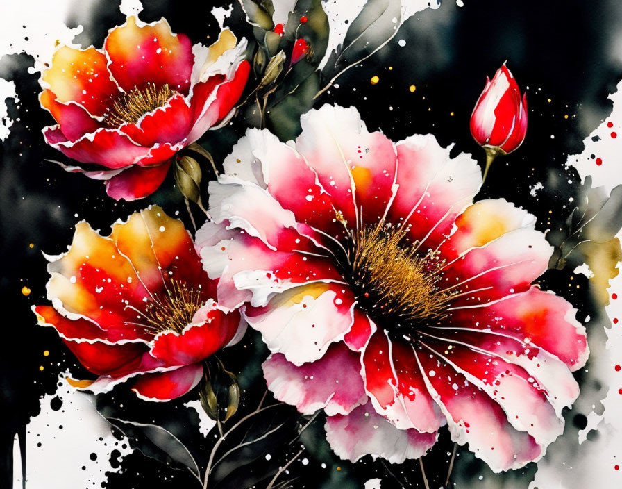 Red and white flowers watercolor painting with ink splatters on black background